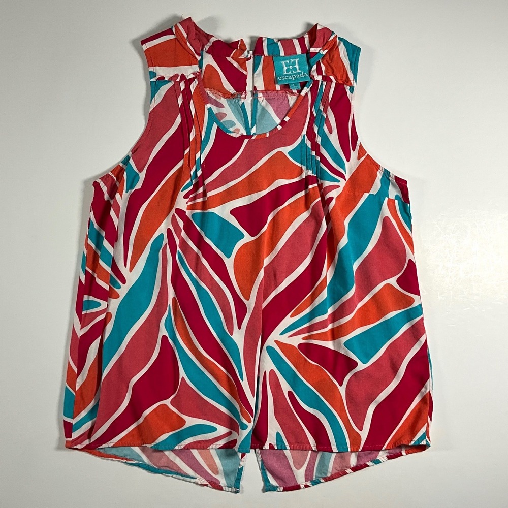 Escapada Women Large Pink Orange Abstract Print Sleeveless Pleated Keyhole Top